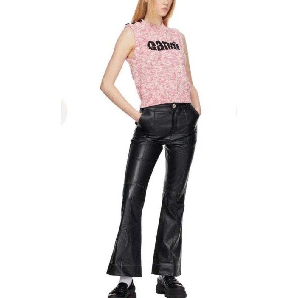 Ganni 100% Lambs Leather Flared trousers Pants Black Exposed Stitch 42